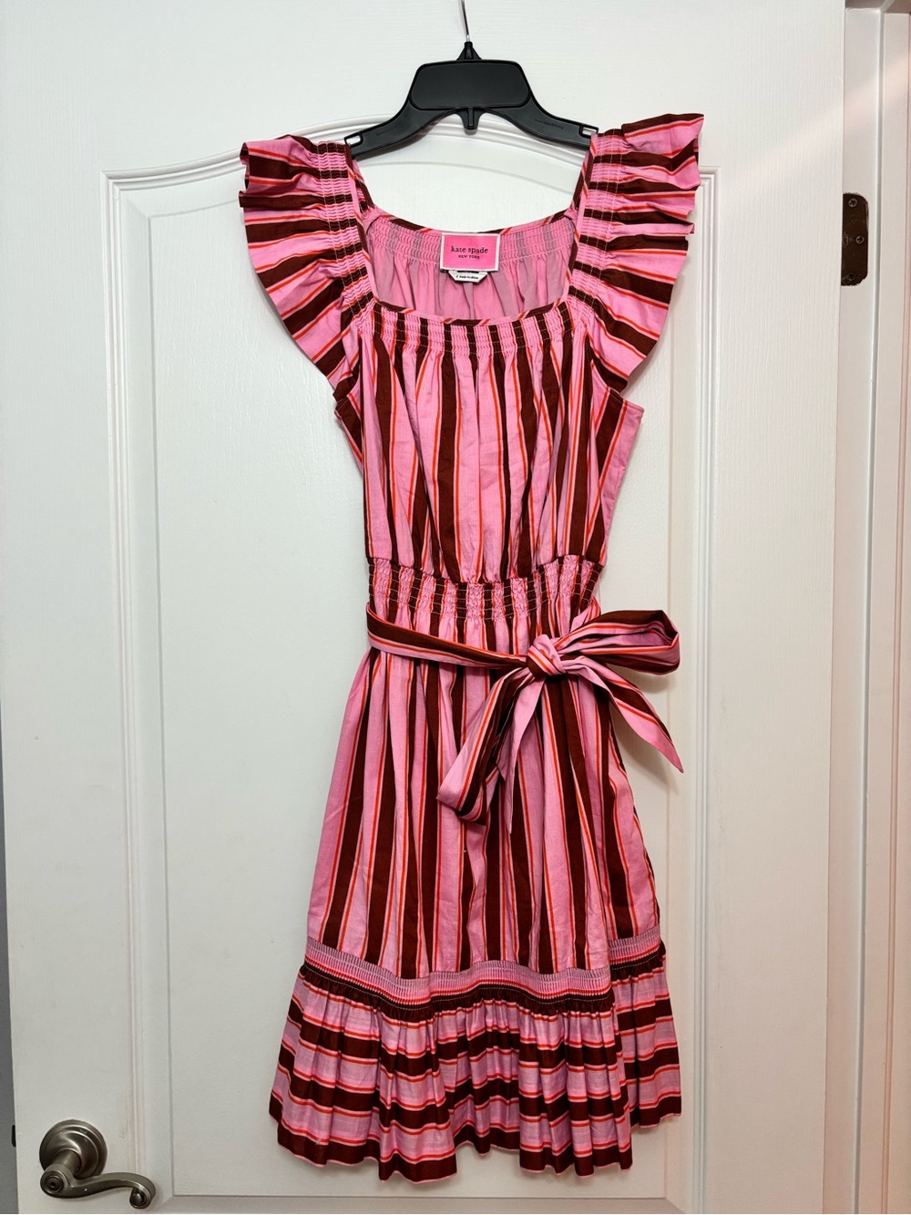 Amazing Condition Kate Spade Pink and Red Striped Ruffle-Sleeve Tie-Waist Dress